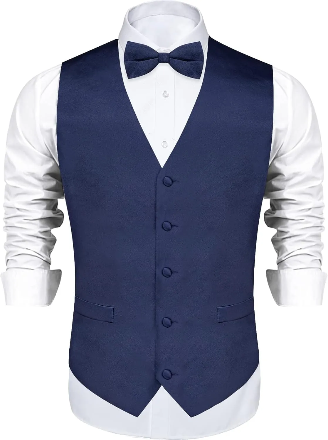 DiBanGu Mens Satin Vest and Bowtie Lapel Pin Set for Suit or Tuxedo,Solid Dress Waistcoat & Pre-tied Bowtie for Wedding Party