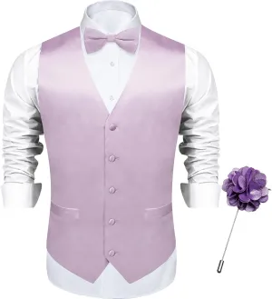DiBanGu Mens Satin Vest and Bowtie Lapel Pin Set for Suit or Tuxedo,Solid Dress Waistcoat & Pre-tied Bowtie for Wedding Party