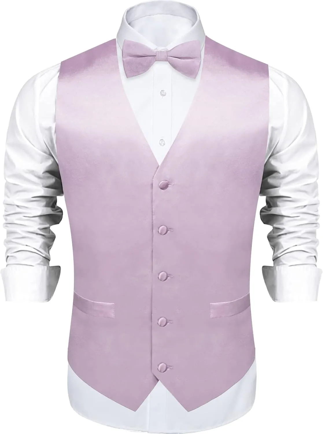 DiBanGu Mens Satin Vest and Bowtie Lapel Pin Set for Suit or Tuxedo,Solid Dress Waistcoat & Pre-tied Bowtie for Wedding Party