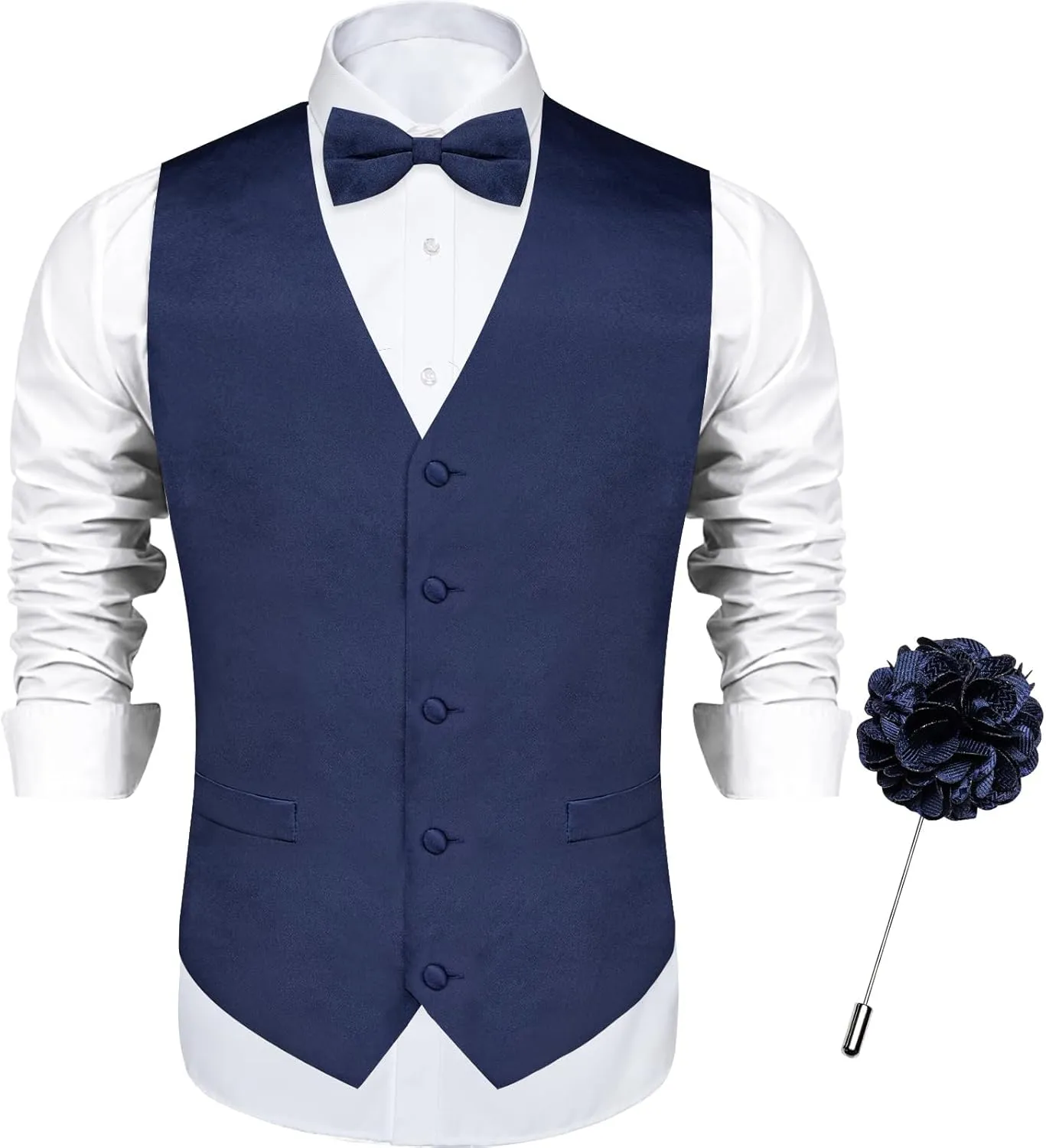 DiBanGu Mens Satin Vest and Bowtie Lapel Pin Set for Suit or Tuxedo,Solid Dress Waistcoat & Pre-tied Bowtie for Wedding Party