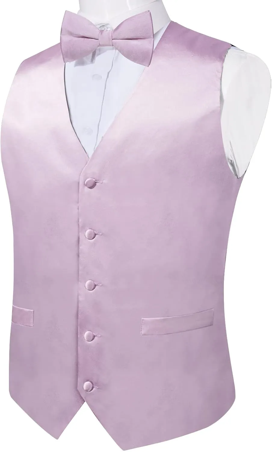 DiBanGu Mens Satin Vest and Bowtie Lapel Pin Set for Suit or Tuxedo,Solid Dress Waistcoat & Pre-tied Bowtie for Wedding Party