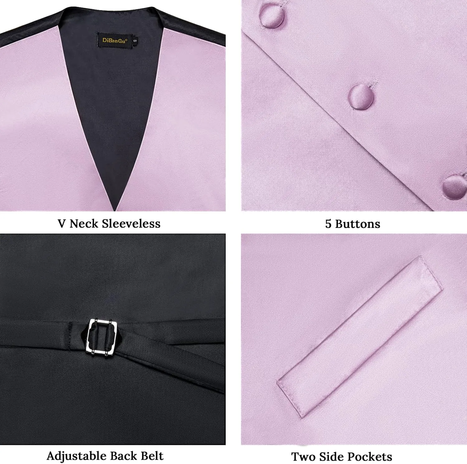 DiBanGu Mens Satin Vest and Bowtie Lapel Pin Set for Suit or Tuxedo,Solid Dress Waistcoat & Pre-tied Bowtie for Wedding Party
