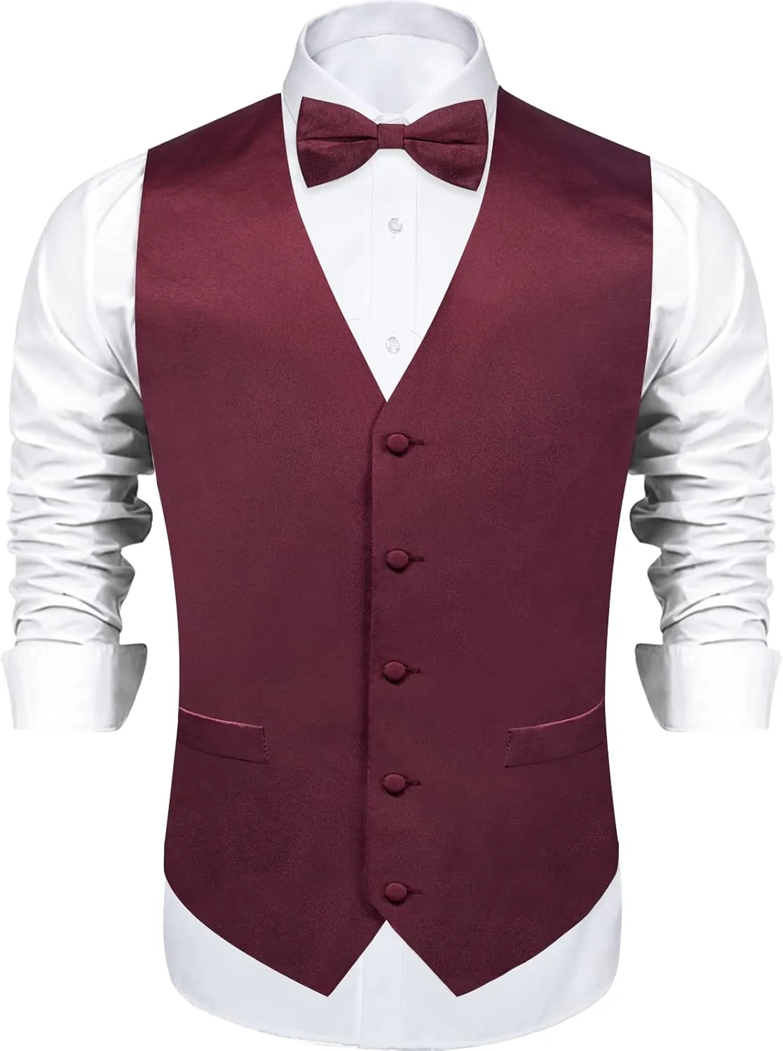 DiBanGu Mens Satin Vest and Bowtie Lapel Pin Set for Suit or Tuxedo,Solid Dress Waistcoat & Pre-tied Bowtie for Wedding Party