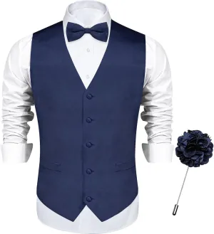 DiBanGu Mens Satin Vest and Bowtie Lapel Pin Set for Suit or Tuxedo,Solid Dress Waistcoat & Pre-tied Bowtie for Wedding Party