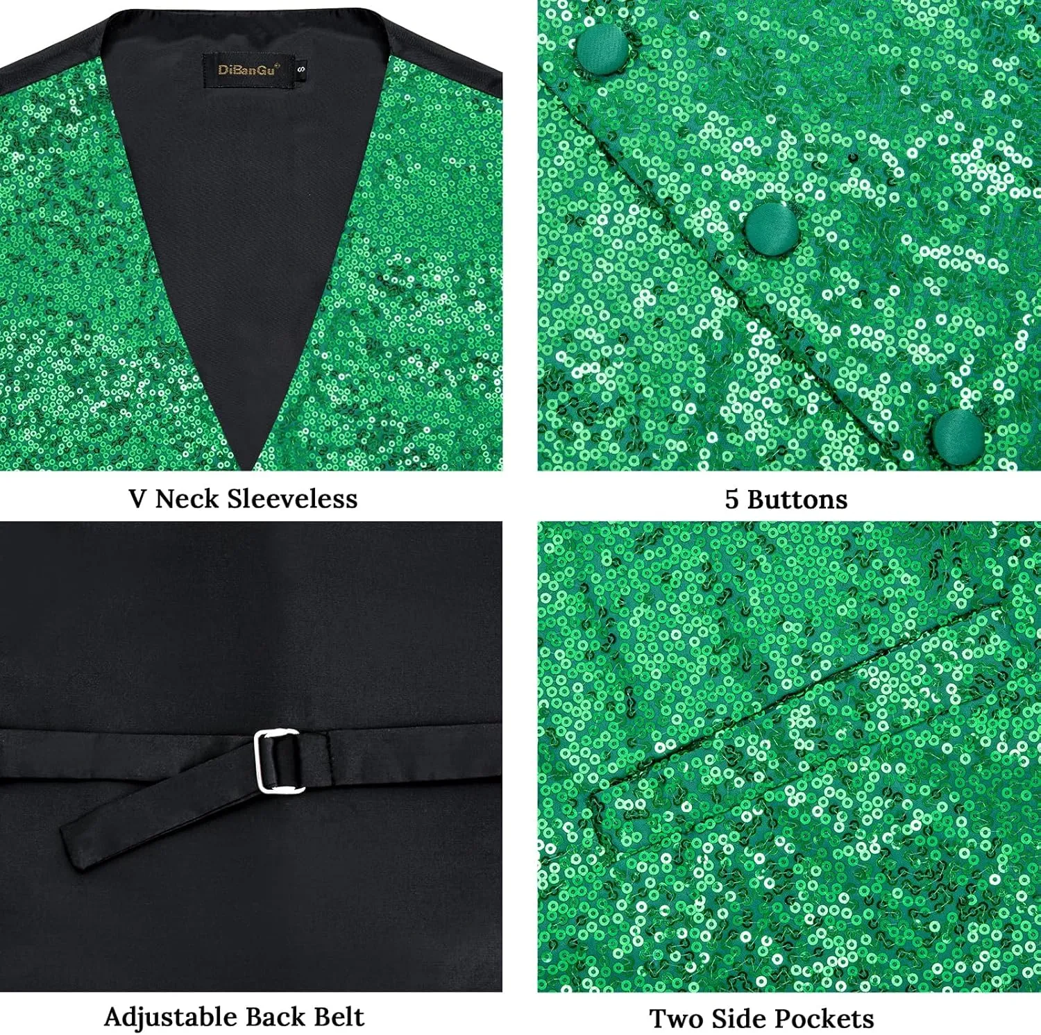 DiBanGu Mens Sequin Vest Casual V-neck Shiny Waistcoat Tie and Pocket Square Set Sharkly Solid Dress Vest for Prom Party