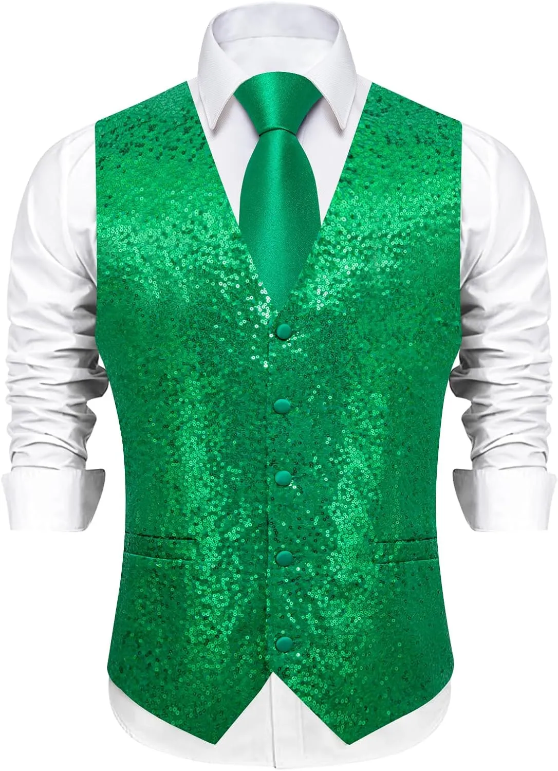DiBanGu Mens Sequin Vest Casual V-neck Shiny Waistcoat Tie and Pocket Square Set Sharkly Solid Dress Vest for Prom Party