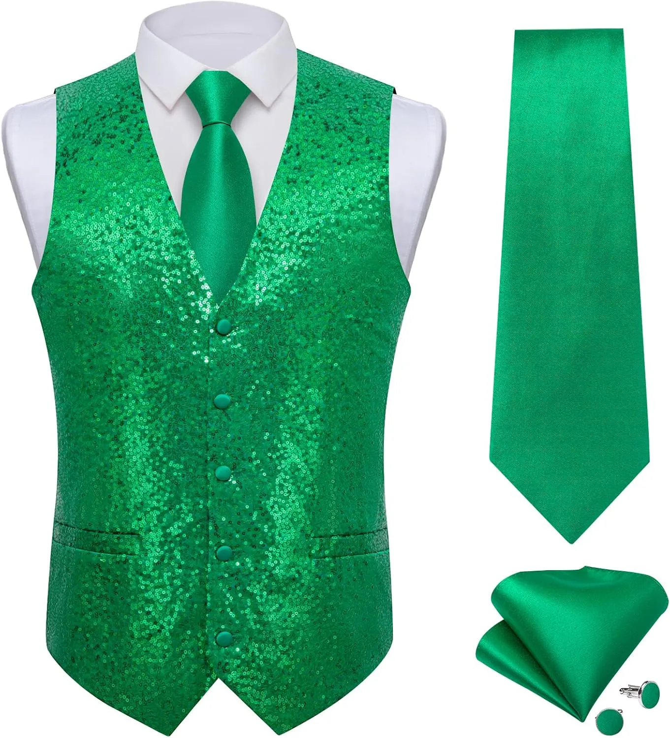 DiBanGu Mens Sequin Vest Casual V-neck Shiny Waistcoat Tie and Pocket Square Set Sharkly Solid Dress Vest for Prom Party