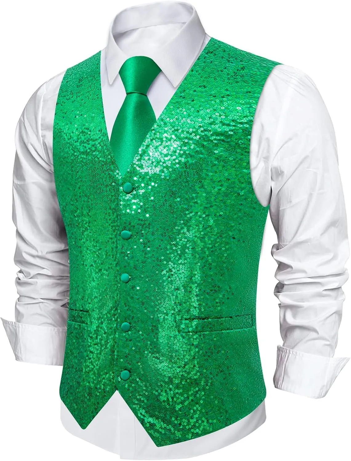 DiBanGu Mens Sequin Vest Casual V-neck Shiny Waistcoat Tie and Pocket Square Set Sharkly Solid Dress Vest for Prom Party