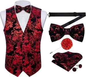 DiBanGu Mens Velvet Dress Waistcoat 6PCS Metallic Paisley Printed Suit Vest and Bowtie Set with Lapel Pin for Suit or Tuxedo
