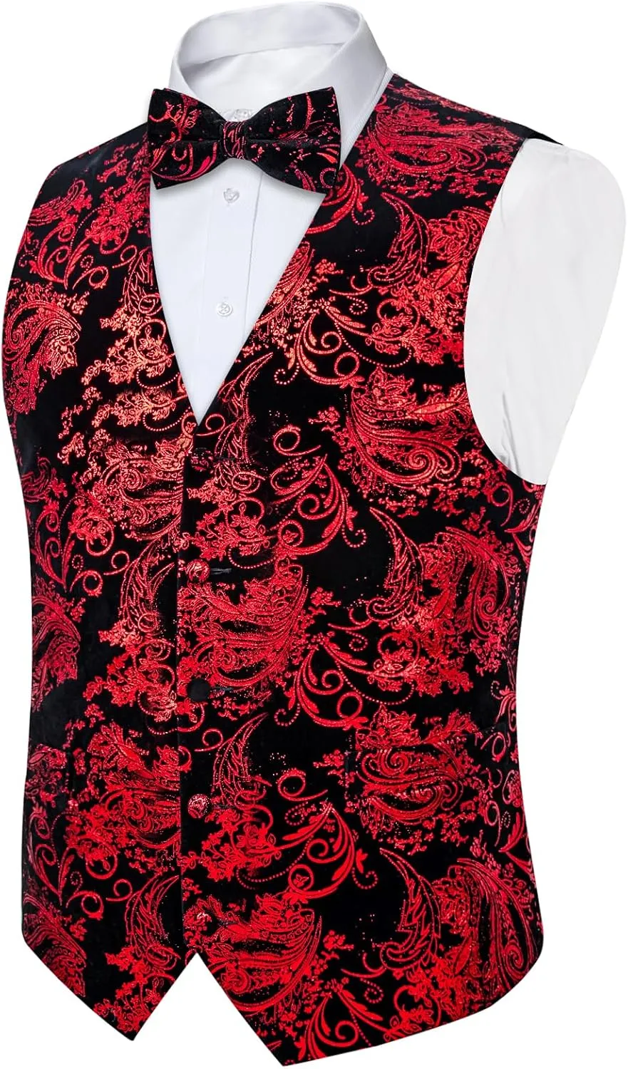 DiBanGu Mens Velvet Dress Waistcoat 6PCS Metallic Paisley Printed Suit Vest and Bowtie Set with Lapel Pin for Suit or Tuxedo