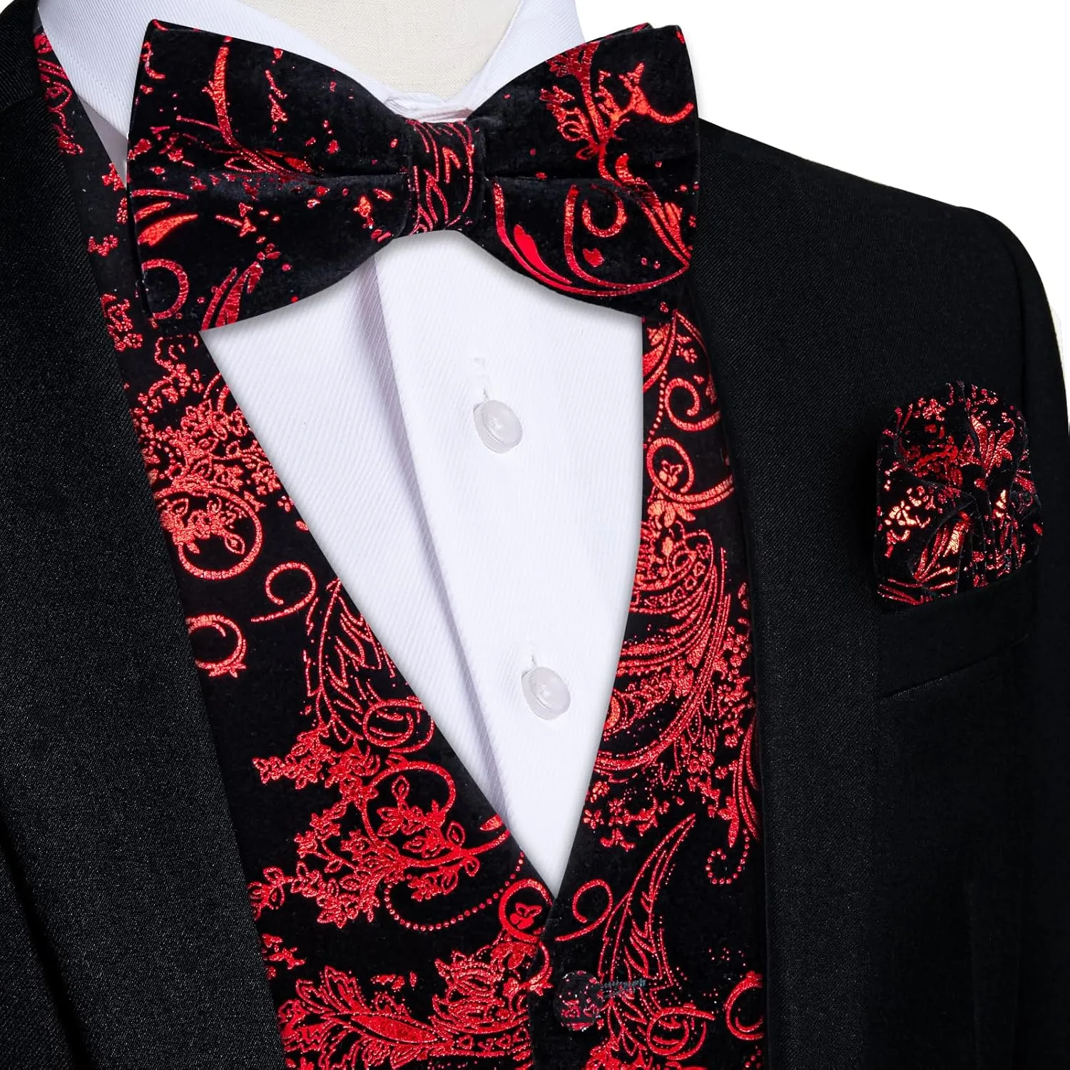 DiBanGu Mens Velvet Dress Waistcoat 6PCS Metallic Paisley Printed Suit Vest and Bowtie Set with Lapel Pin for Suit or Tuxedo