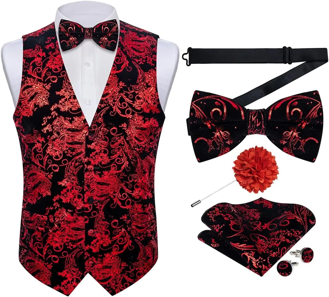 DiBanGu Mens Velvet Dress Waistcoat 6PCS Metallic Paisley Printed Suit Vest and Bowtie Set with Lapel Pin for Suit or Tuxedo