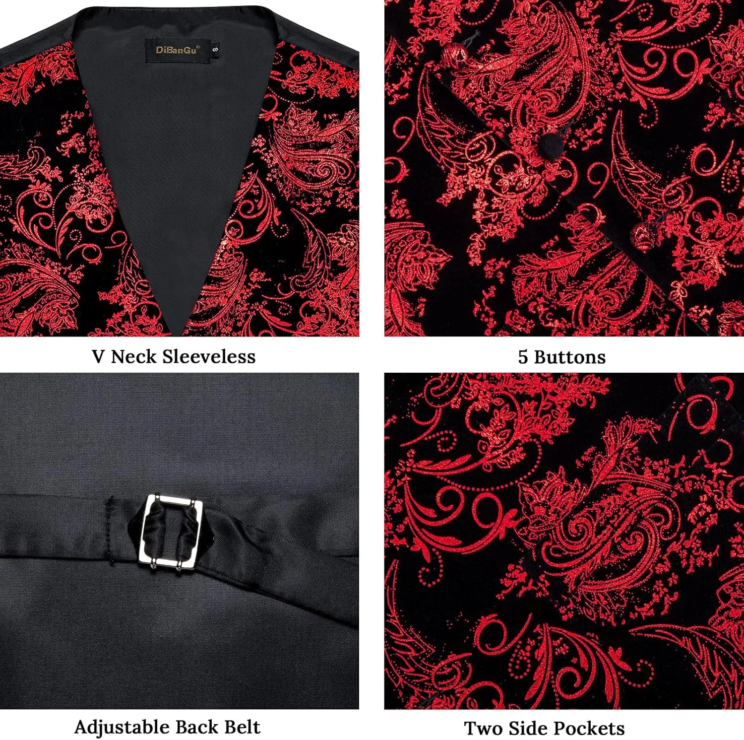 DiBanGu Mens Velvet Dress Waistcoat 6PCS Metallic Paisley Printed Suit Vest and Bowtie Set with Lapel Pin for Suit or Tuxedo