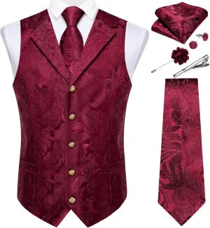 DiBanGu Mens Vest Tie Set 7PCS Silk Paisley Suit Waistcoat and Necktie Hankerchief Cufflinks Lapel Pin Set for Wedding Party