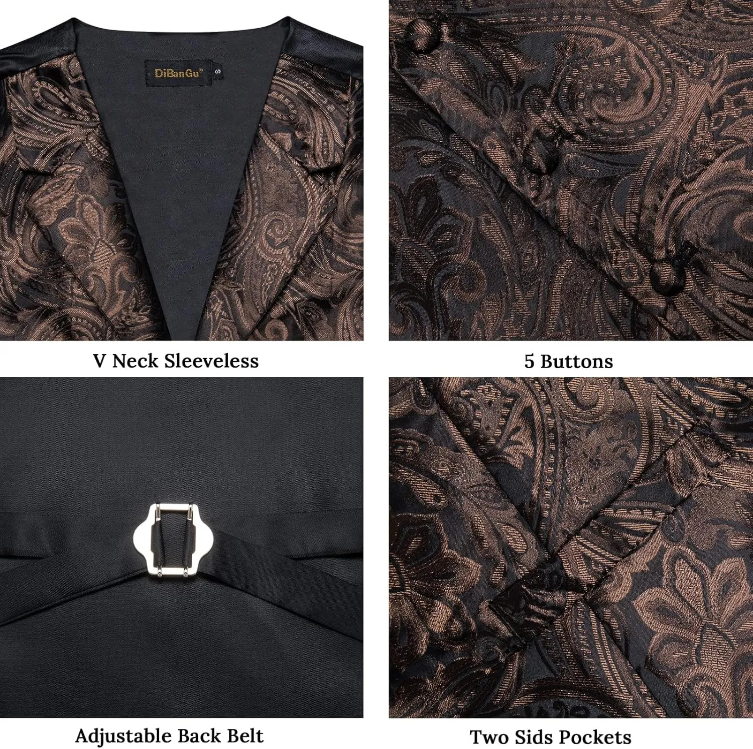 DiBanGu Mens Vest Tie Set 7PCS Silk Paisley Suit Waistcoat and Necktie Hankerchief Cufflinks Lapel Pin Set for Wedding Party