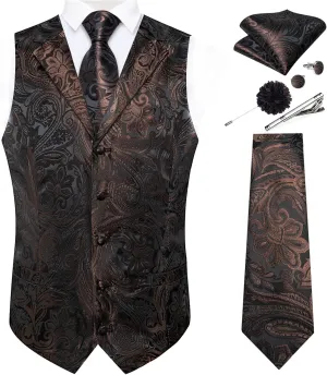 DiBanGu Mens Vest Tie Set 7PCS Silk Paisley Suit Waistcoat and Necktie Hankerchief Cufflinks Lapel Pin Set for Wedding Party
