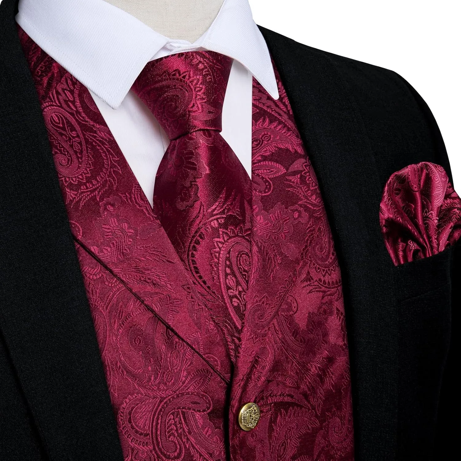 DiBanGu Mens Vest Tie Set 7PCS Silk Paisley Suit Waistcoat and Necktie Hankerchief Cufflinks Lapel Pin Set for Wedding Party