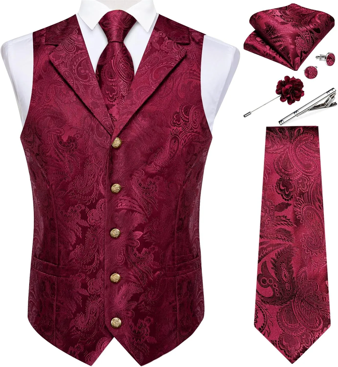 DiBanGu Mens Vest Tie Set 7PCS Silk Paisley Suit Waistcoat and Necktie Hankerchief Cufflinks Lapel Pin Set for Wedding Party