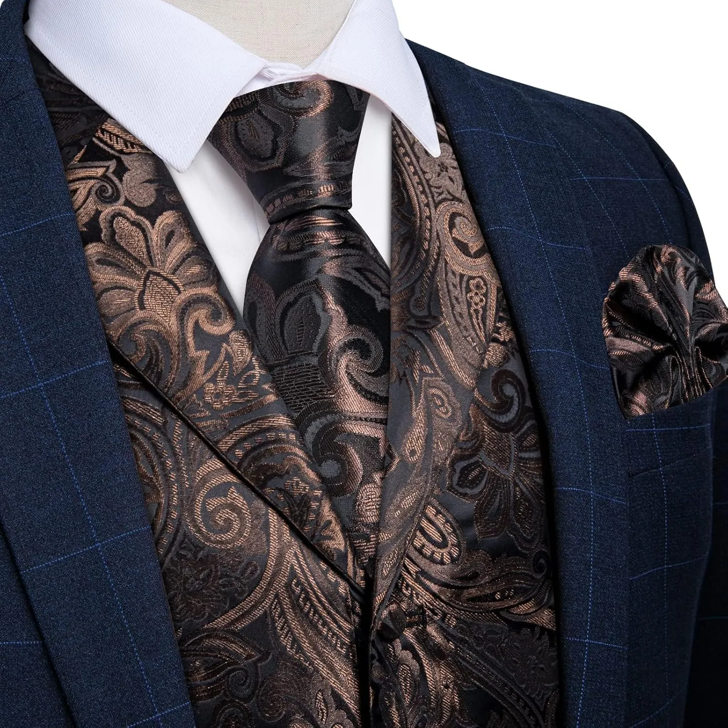 DiBanGu Mens Vest Tie Set 7PCS Silk Paisley Suit Waistcoat and Necktie Hankerchief Cufflinks Lapel Pin Set for Wedding Party