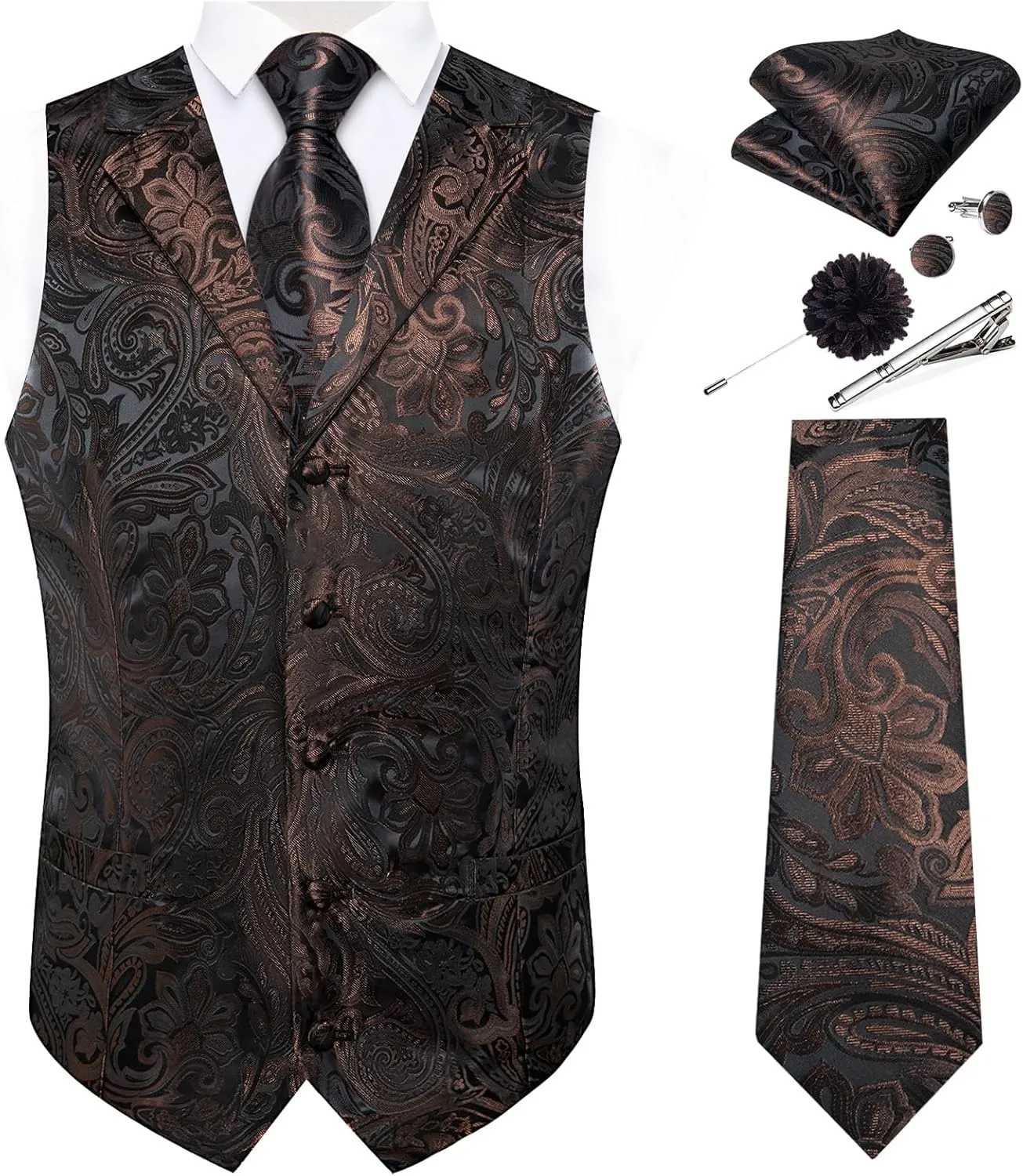 DiBanGu Mens Vest Tie Set 7PCS Silk Paisley Suit Waistcoat and Necktie Hankerchief Cufflinks Lapel Pin Set for Wedding Party