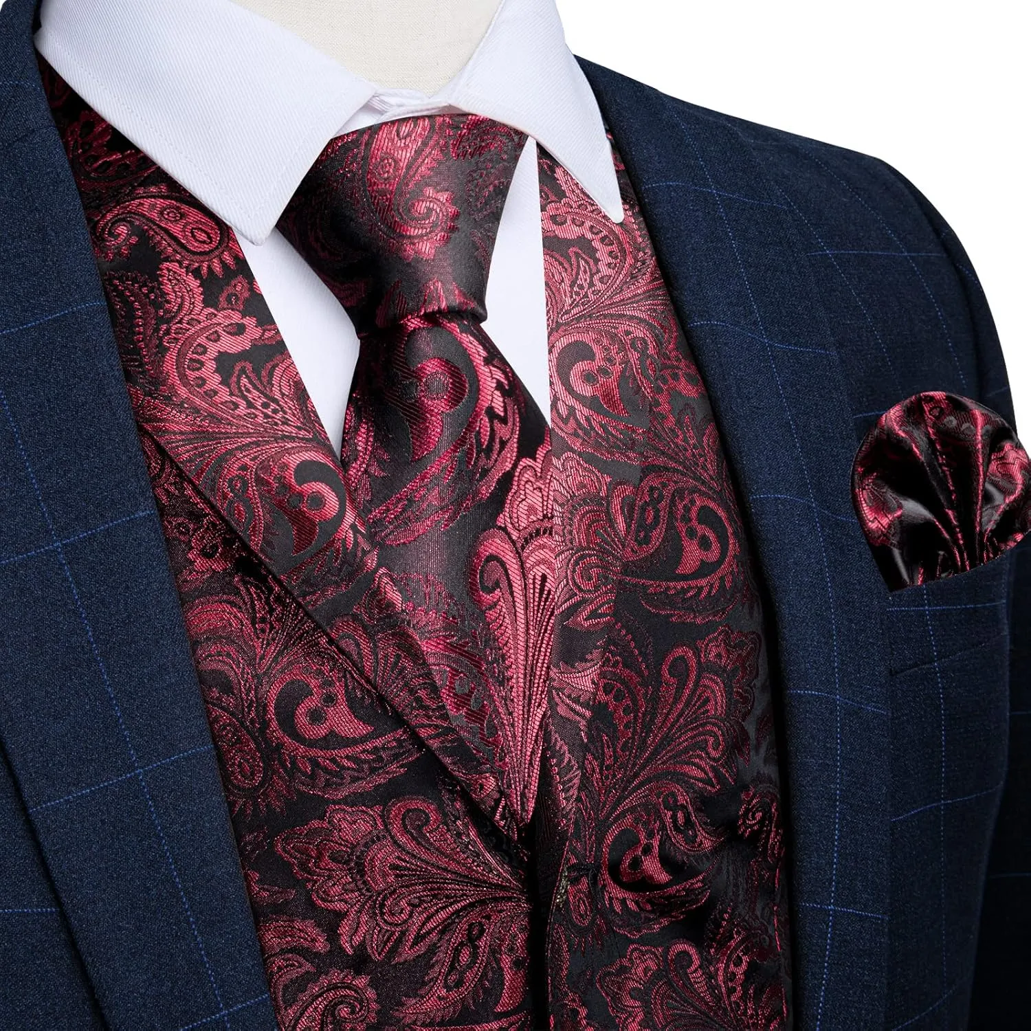 DiBanGu Silk Paisley Vest for Men Wedding Waistcoat and Necktie Bowtie Lapel Pin Set 7PCS Dress Vests for Suit or Tuxedo