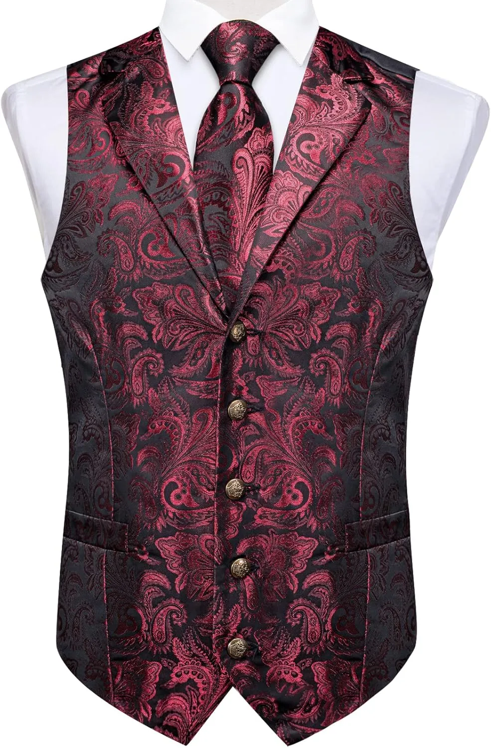 DiBanGu Silk Paisley Vest for Men Wedding Waistcoat and Necktie Bowtie Lapel Pin Set 7PCS Dress Vests for Suit or Tuxedo
