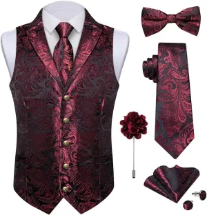 DiBanGu Silk Paisley Vest for Men Wedding Waistcoat and Necktie Bowtie Lapel Pin Set 7PCS Dress Vests for Suit or Tuxedo