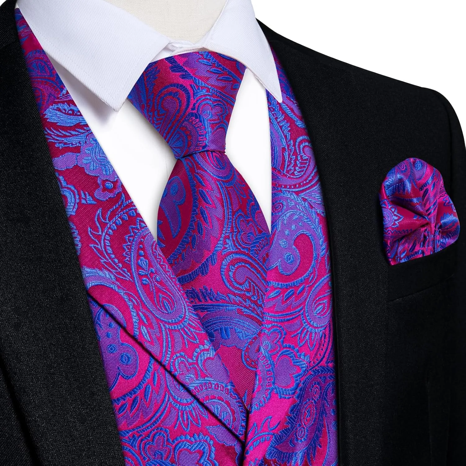 DiBanGu Silk Vest Tie Set for Men,Woven Paisley Dress Waistcoat and Bowtie Pocket Square Cufflinks Lapel Pin Formal Suit Vest