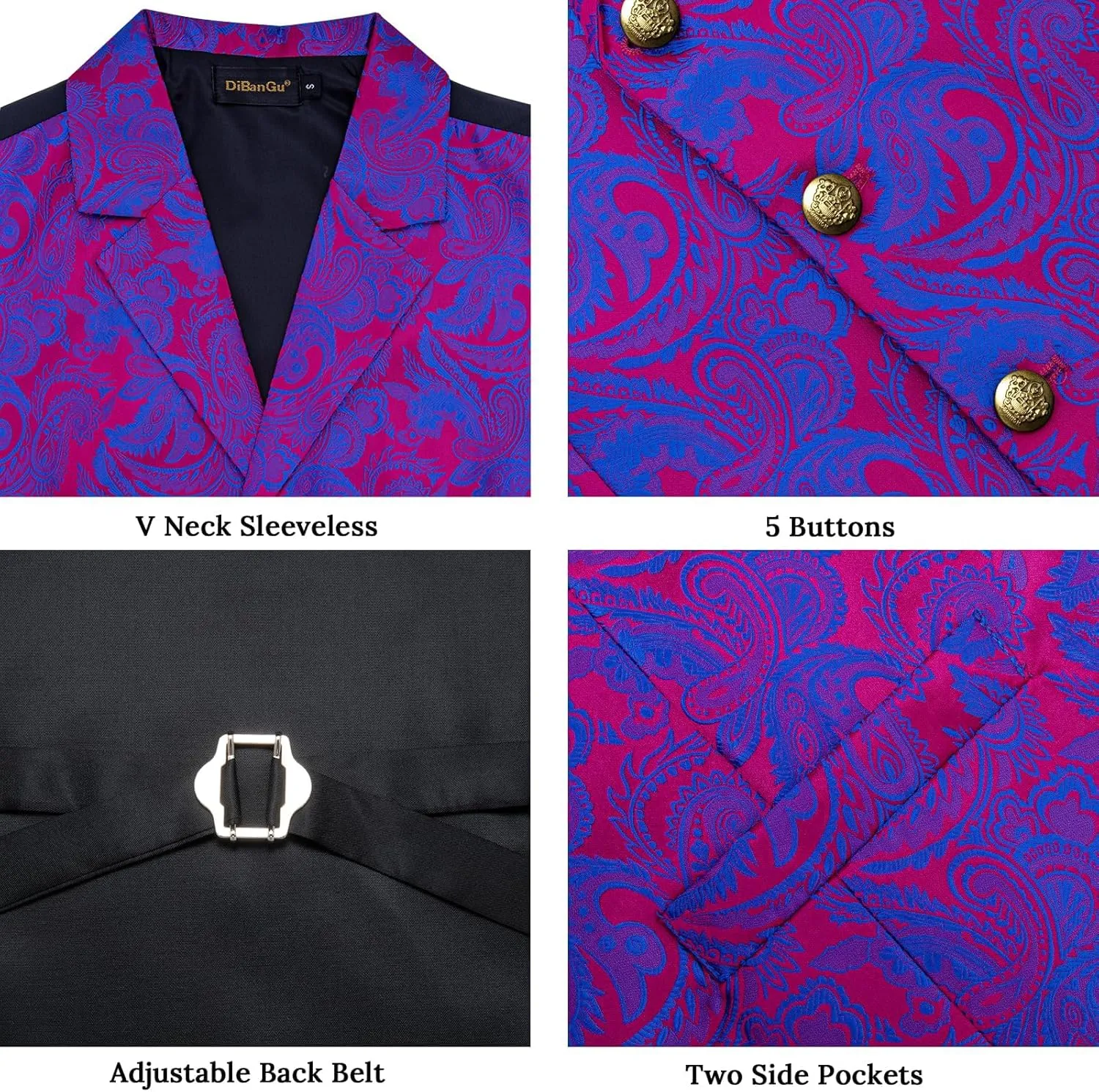DiBanGu Silk Vest Tie Set for Men,Woven Paisley Dress Waistcoat and Bowtie Pocket Square Cufflinks Lapel Pin Formal Suit Vest