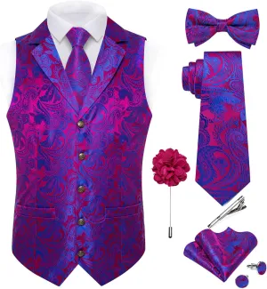 DiBanGu Silk Vest Tie Set for Men,Woven Paisley Dress Waistcoat and Bowtie Pocket Square Cufflinks Lapel Pin Formal Suit Vest