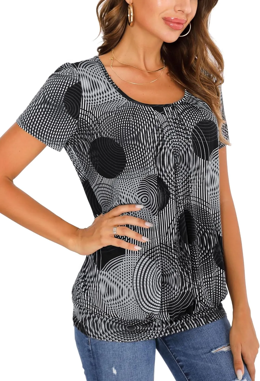 DJT Women's Short Sleeve Summer Tops Scoop Neck Pleated Front Casual Tee T Shirt