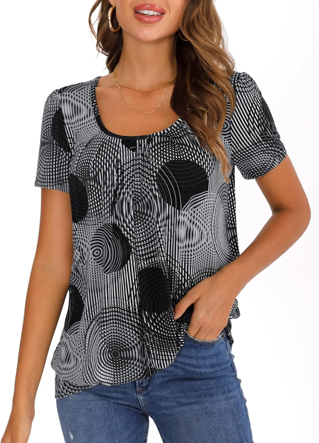 DJT Women's Short Sleeve Summer Tops Scoop Neck Pleated Front Casual Tee T Shirt
