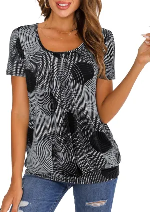 DJT Women's Short Sleeve Summer Tops Scoop Neck Pleated Front Casual Tee T Shirt