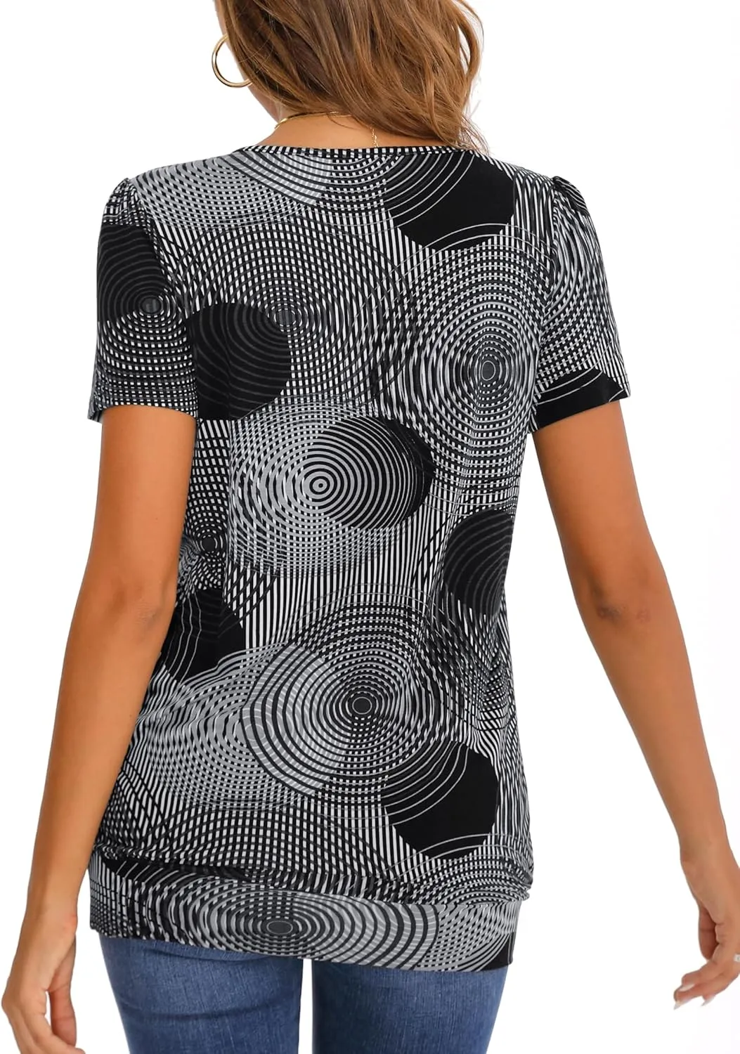 DJT Women's Short Sleeve Summer Tops Scoop Neck Pleated Front Casual Tee T Shirt