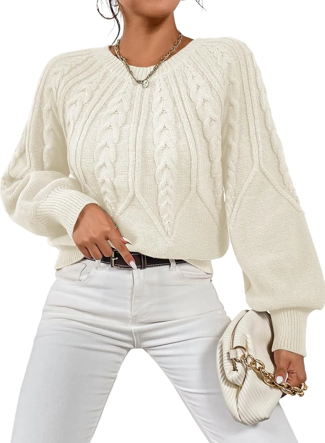 Dokotoo Womens Sweaters Crewneck Long Sleeve Cable Knit Chunky Sweater Tops Fashion 2024 Fall Outifits