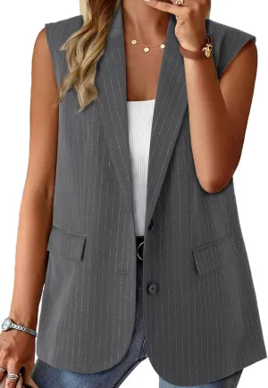 Dokotoo Womens Vest Dressy Casual Stripes Sleeveless Blazer Button Up Lightweight Summer Work Office Suit Vest