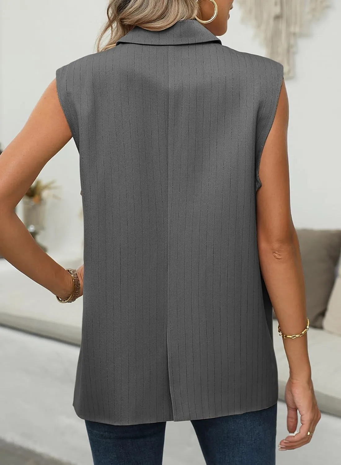 Dokotoo Womens Vest Dressy Casual Stripes Sleeveless Blazer Button Up Lightweight Summer Work Office Suit Vest