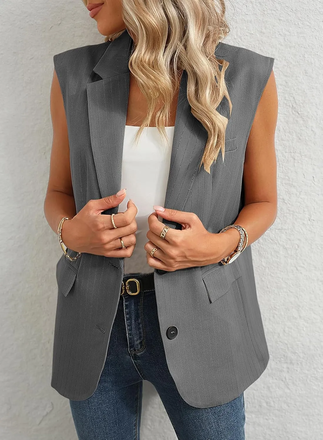 Dokotoo Womens Vest Dressy Casual Stripes Sleeveless Blazer Button Up Lightweight Summer Work Office Suit Vest