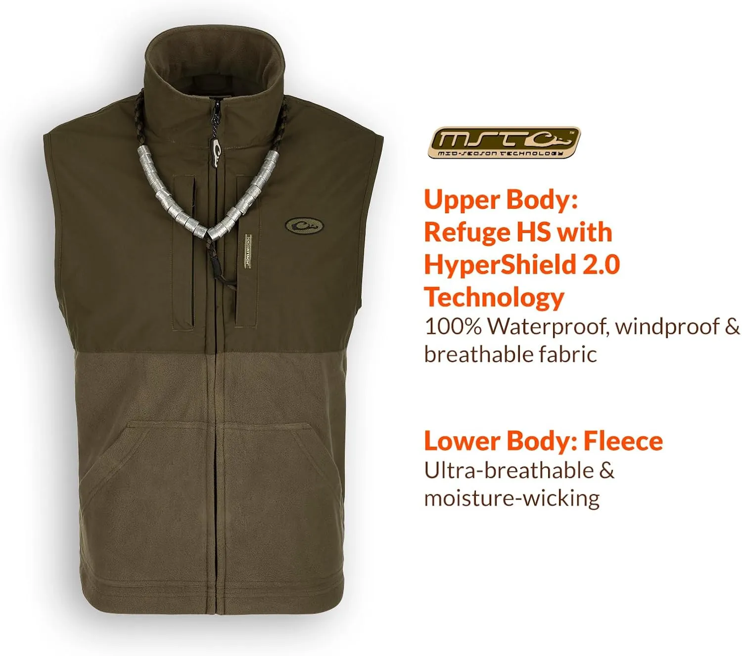 Drake Waterfowl Men's MST Eqwader Insulated Fleece-Lined Waterproof Windproof Breathable Adjustable Outdoor Hunting Vest