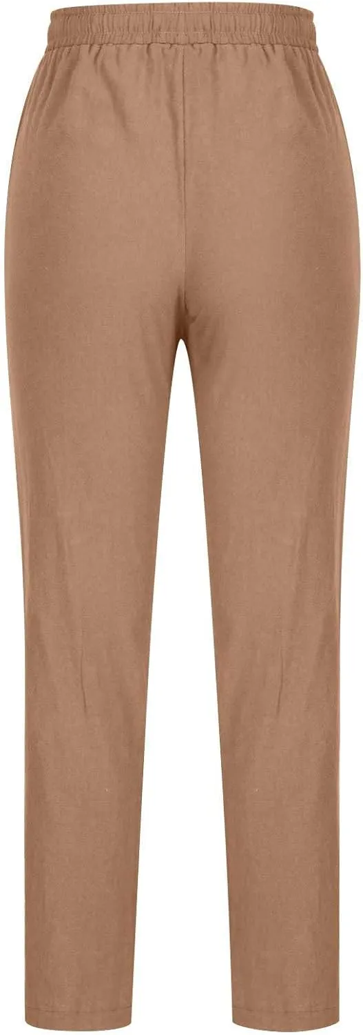 Dressy Casual Linen Pants for Women Comfy Cotton Pant Summer Beach Pants Drawstring Elastic Waist Straight Trousers