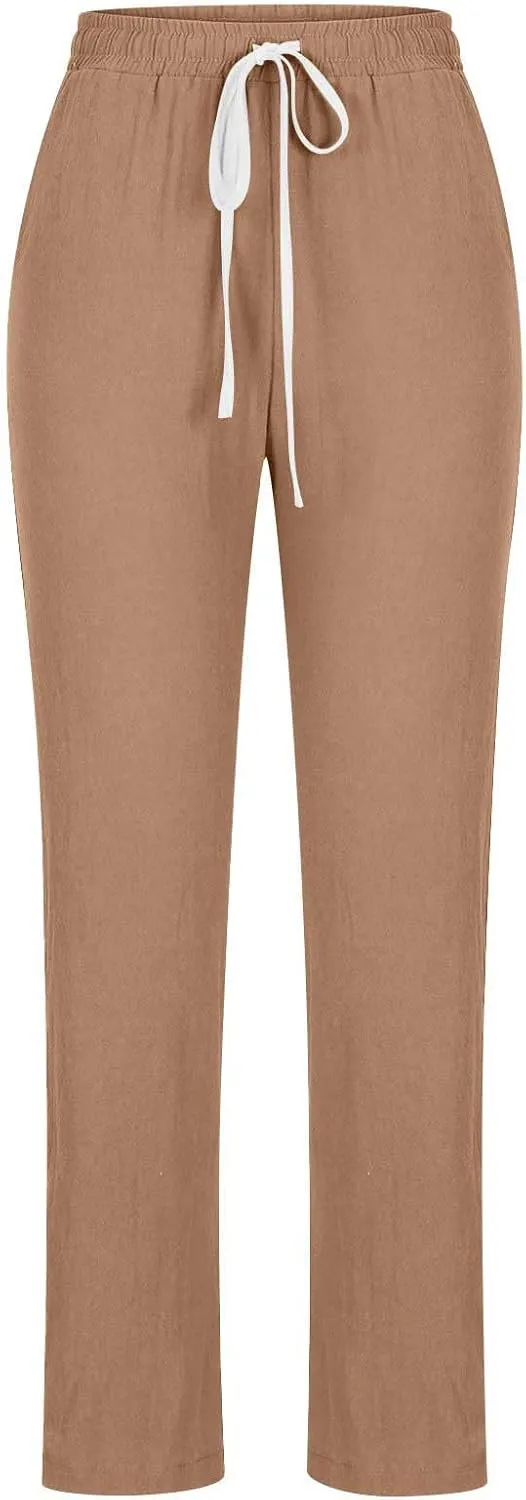 Dressy Casual Linen Pants for Women Comfy Cotton Pant Summer Beach Pants Drawstring Elastic Waist Straight Trousers