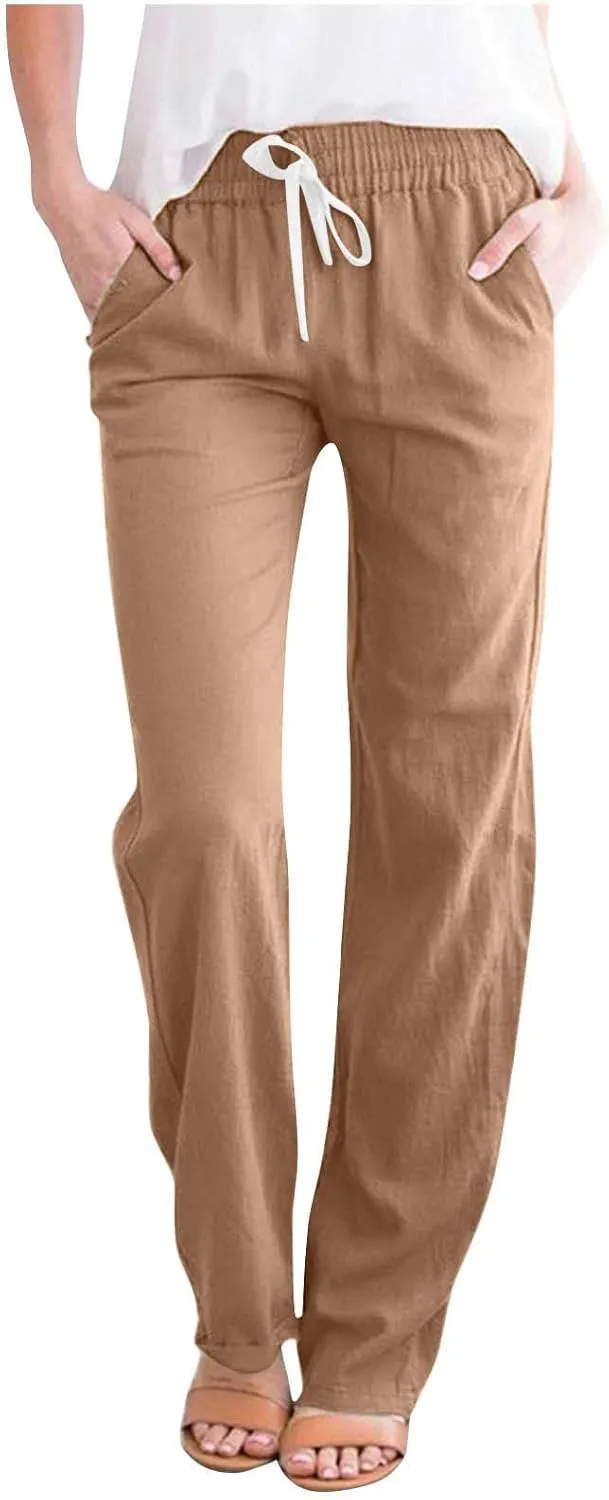 Dressy Casual Linen Pants for Women Comfy Cotton Pant Summer Beach Pants Drawstring Elastic Waist Straight Trousers