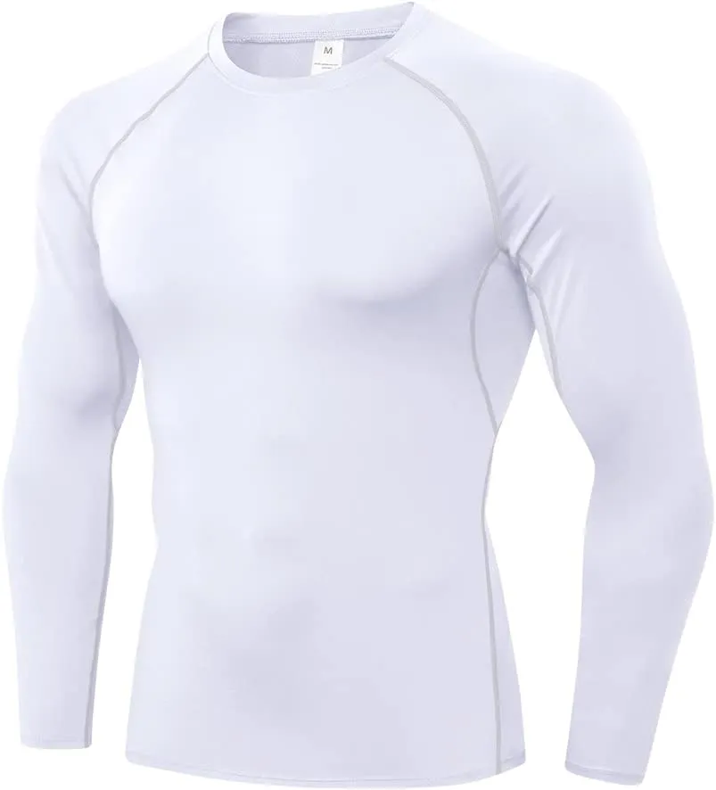 EARGFM Men's Sports Compression Shirt Running Workout Long Sleeve Quick Dry Base Layer Active Athletic T-Shirt Gym Tops White Small