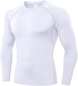 EARGFM Men's Sports Compression Shirt Running Workout Long Sleeve Quick Dry Base Layer Active Athletic T-Shirt Gym Tops White Small