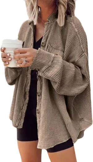 ebossy Womens Long Batwing Sleeve Splicing Cardigan Lightweight Waffle Textured Boyfriend Shirt Jacket Shacket