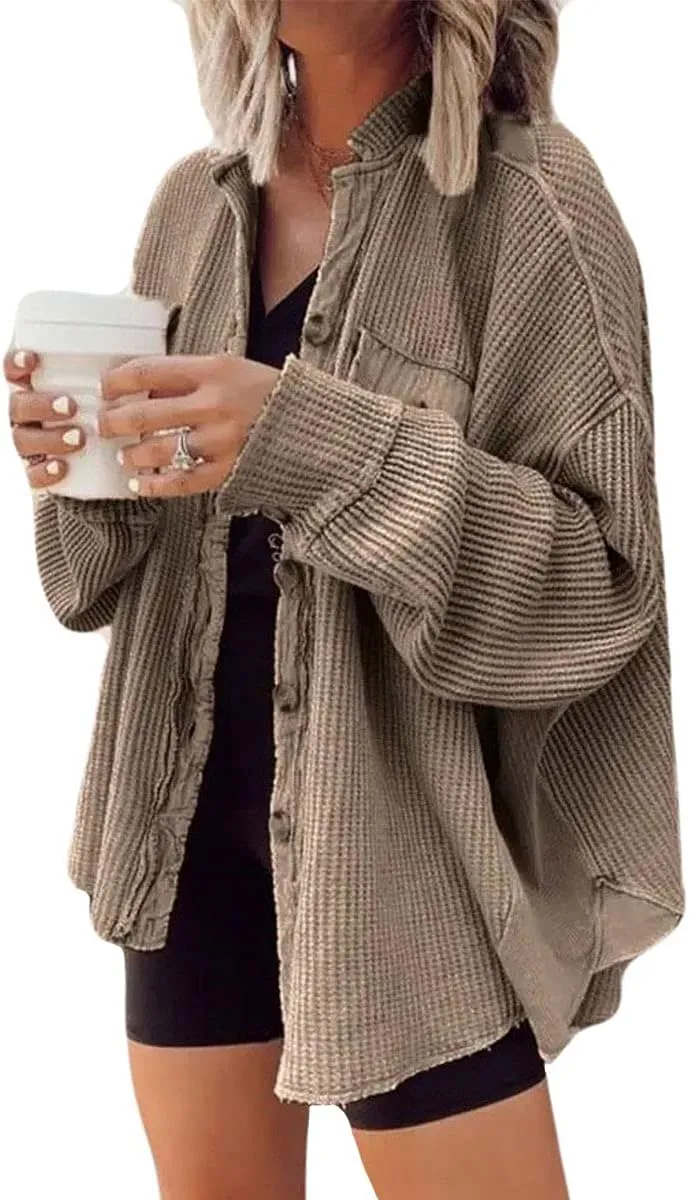 ebossy Womens Long Batwing Sleeve Splicing Cardigan Lightweight Waffle Textured Boyfriend Shirt Jacket Shacket