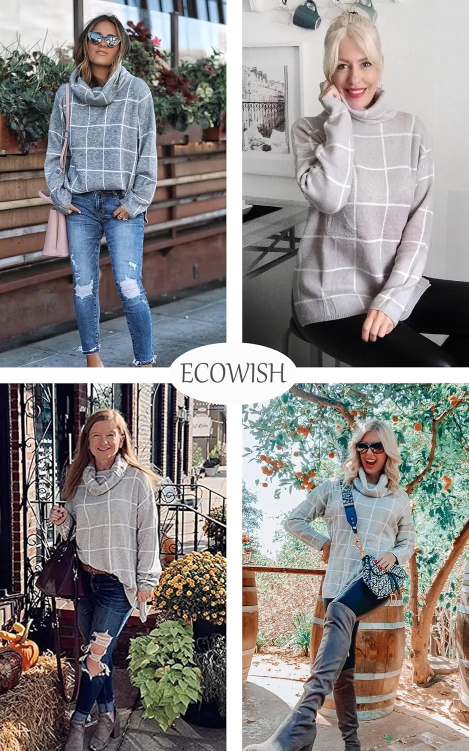 ECOWISH Women Fall Pullover Sweater Turtleneck Plaid Long Sleeve Loose Casual Chunky Checked Knit Winter Sweaters Jumper Tops