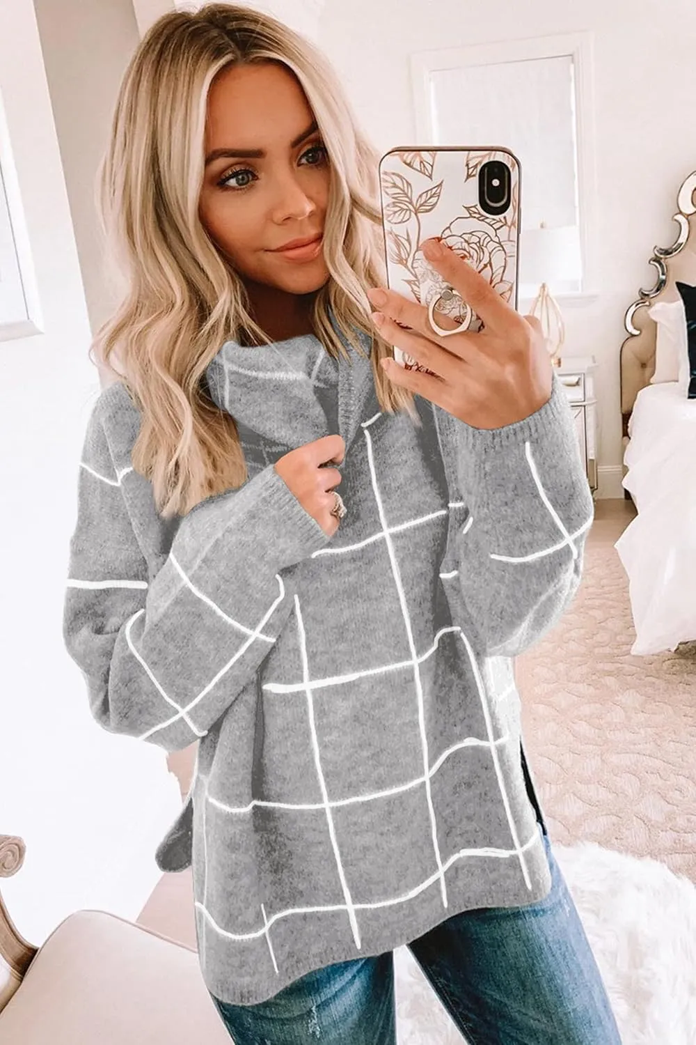 ECOWISH Women Fall Pullover Sweater Turtleneck Plaid Long Sleeve Loose Casual Chunky Checked Knit Winter Sweaters Jumper Tops