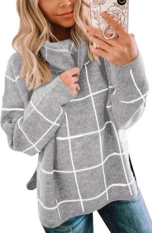 ECOWISH Women Fall Pullover Sweater Turtleneck Plaid Long Sleeve Loose Casual Chunky Checked Knit Winter Sweaters Jumper Tops