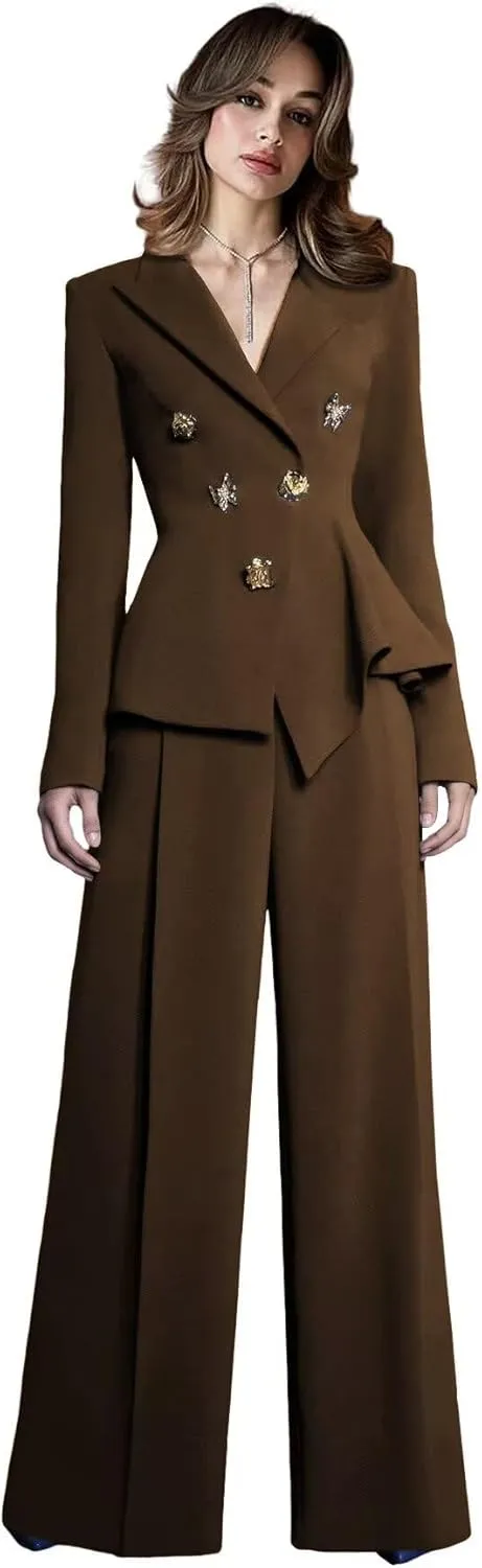 Elegant Suits for Women 2 Piece Set Business Double Breasted Blazer Pants Casual Peak Lapel Prom Tuxedo for Wedding Guest